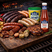 Lade das Bild in den Galerie-Viewer, Thüringer Grillpaket mit verschiedenen Rostbratwürsten Rostbrätel sowie Senf &amp; Ketchup von Born 

